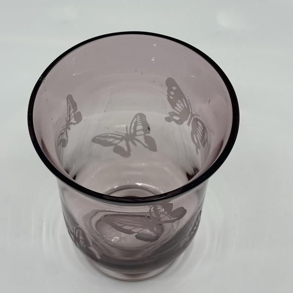 Y2K Amethyst Candleholder Purple Glass Etched Butterfly Pillar Lamp Vase - Picture 3 of 9